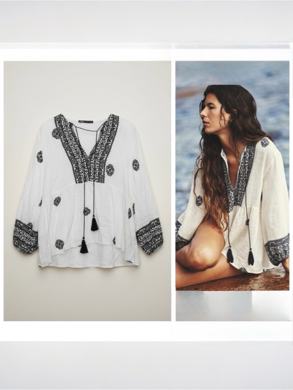 Zara Embroidery Print Boho Rustic Blouse Large White Blue Tassel Tie
Peasant Top